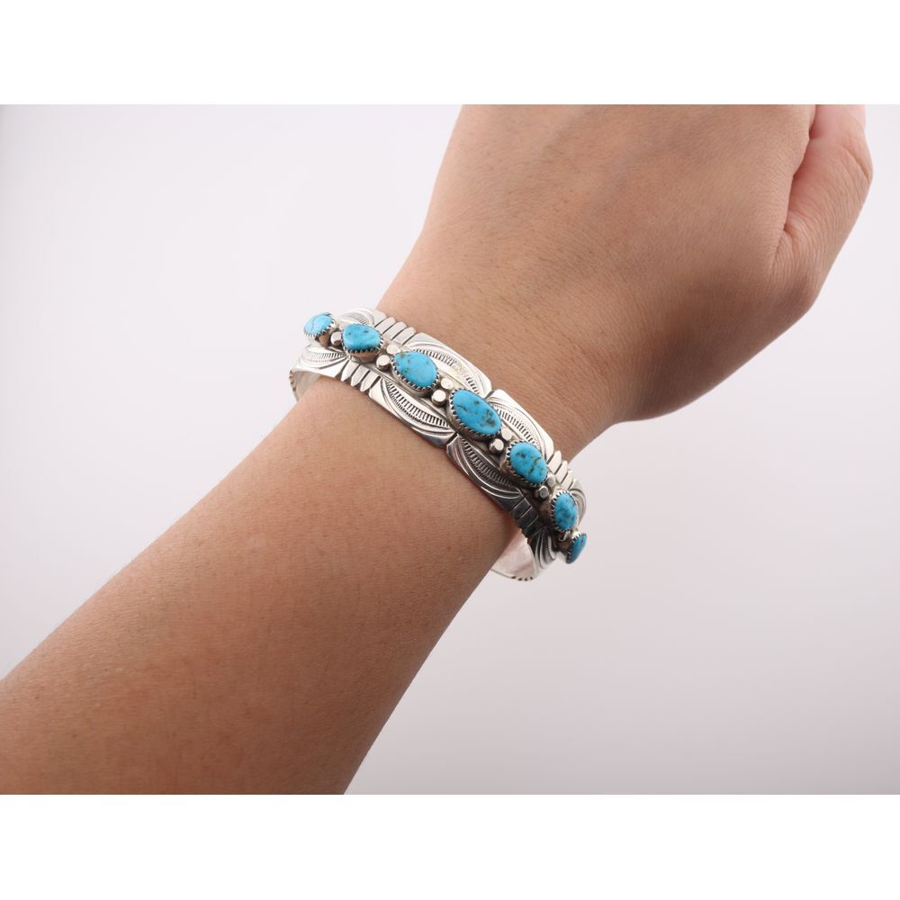 Navajo Cuff Bracelet Kingman Turquoise Stone Native American Jewelry Sz 7in.***